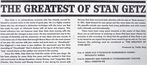 Stan Getz : The Greatest Of Stan Getz (LP, Comp)