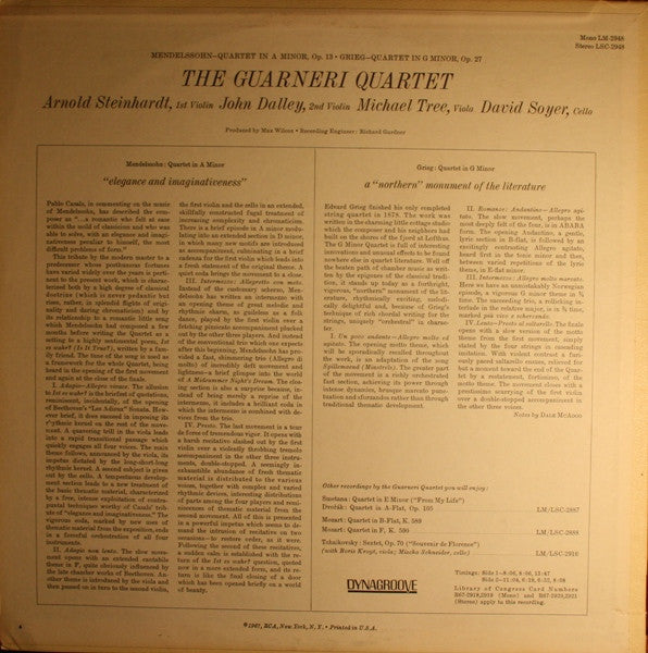 The Guarneri Quartet* / Mendelssohn*, Grieg* : String Quartet In A Minor, Op. 13 / String Quartet In G Minor, Op. 27 (LP, Album)