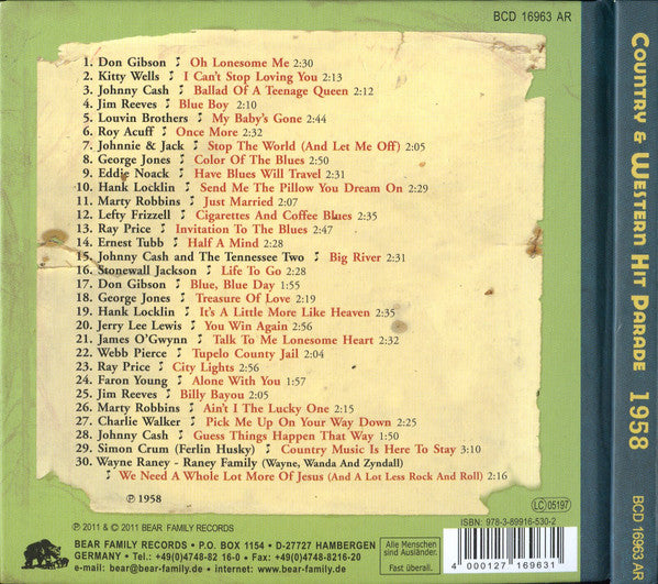 Various : Dim Lights, Thick Smoke & Hillbilly Music: Country & Western Hit Parade - 1958 (CD, Comp, Ltd)