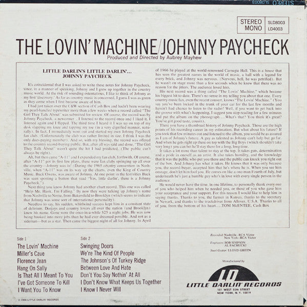 Johnny Paycheck : The Lovin' Machine (LP, Album, Mono)