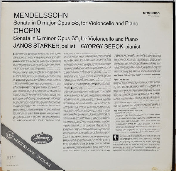 Janos Starker / Mendelssohn* / Chopin*, Gyorgy Sebok* : Cello Sonata In D Major / Cello Sonata In G Minor (LP)