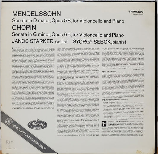 Janos Starker / Mendelssohn* / Chopin*, Gyorgy Sebok* : Cello Sonata In D Major / Cello Sonata In G Minor (LP)