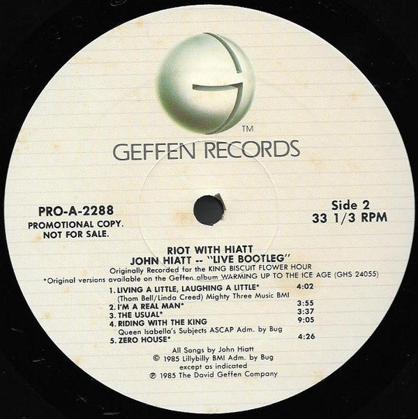 John Hiatt : Riot With Hiatt --"Live Bootleg" (LP, Promo)