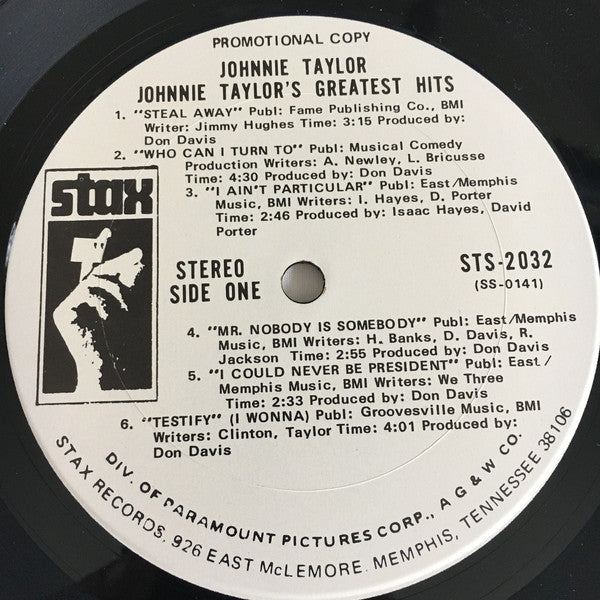 Johnnie Taylor : Johnnie Taylor's Greatest Hits (LP, Comp, Promo)