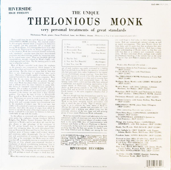 Thelonious Monk : The Unique Thelonious Monk (LP, Album, RE)