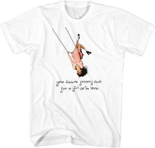 White t-shirt with graphic of a girl on a swing and text, on a white background