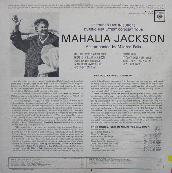 Mahalia Jackson : Recorded Live In Europe During Her Latest Concert Tour (LP, Album, Mono)