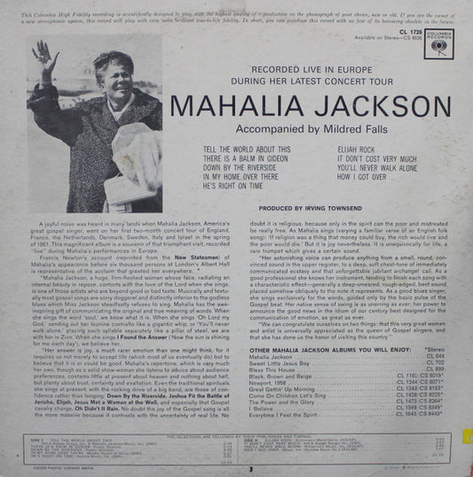 Mahalia Jackson : Recorded Live In Europe During Her Latest Concert Tour (LP, Album, Mono)