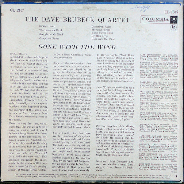 The Dave Brubeck Quartet : Gone With The Wind (LP, Album, Mono)