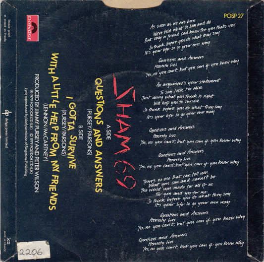Sham 69 : Questions And Answers (7", Single, RP, Red)