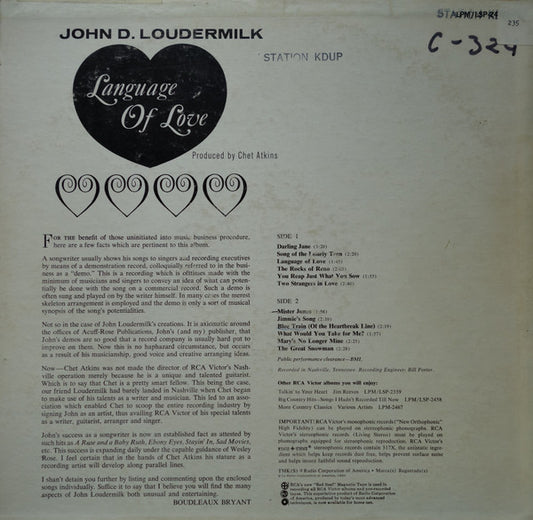 John D. Loudermilk : Language Of Love (LP, Album, Mono)