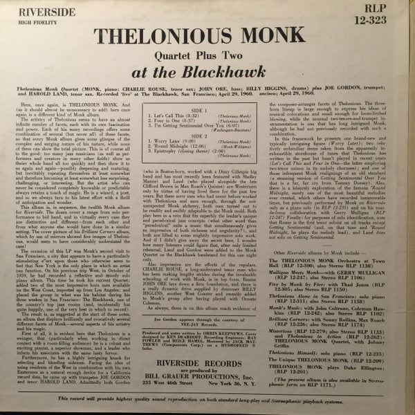 Thelonious Monk Quartet Plus Two* : At The Blackhawk (LP, Album, RE)