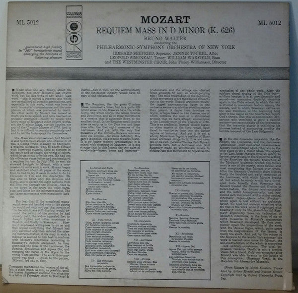 Mozart*, Bruno Walter Conducting The Philharmonic-Symphony Orchestra Of New York : Requiem Mass In D Minor, K. 626 (LP, Mono, 6-E)