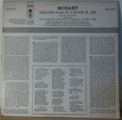 Mozart*, Bruno Walter Conducting The Philharmonic-Symphony Orchestra Of New York : Requiem Mass In D Minor, K. 626 (LP, Mono, 6-E)