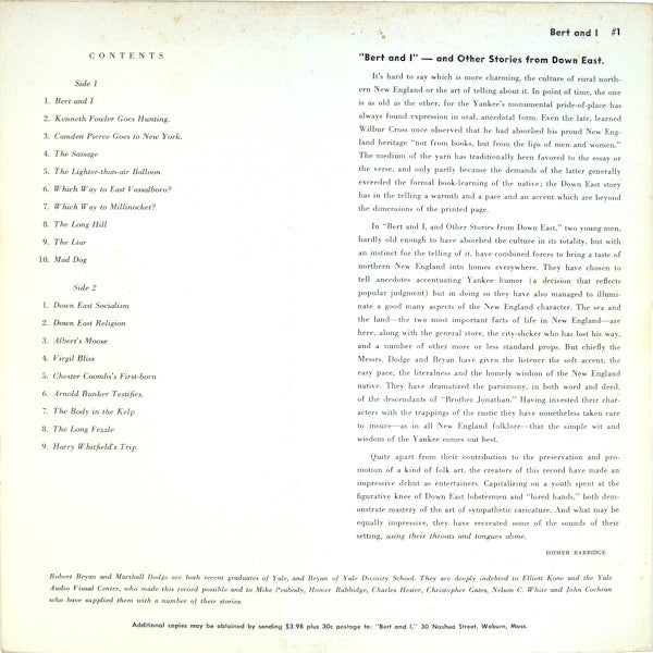 Robert Bryan (2) And Marshall Dodge : Bert And I... And Other Stories From Down East (LP, Album, Mono, Pit)