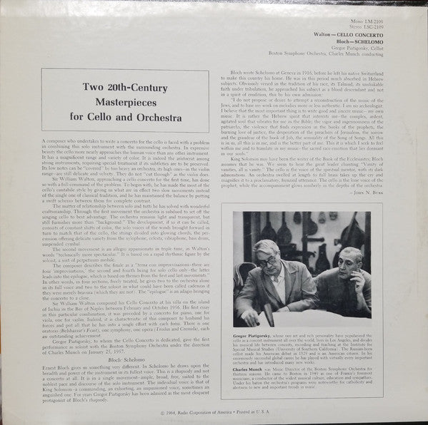Walton*, Bloch*, Piatigorsky*, Boston Symphony* ∙ Munch* : Cello Concerto / Schelomo (LP)