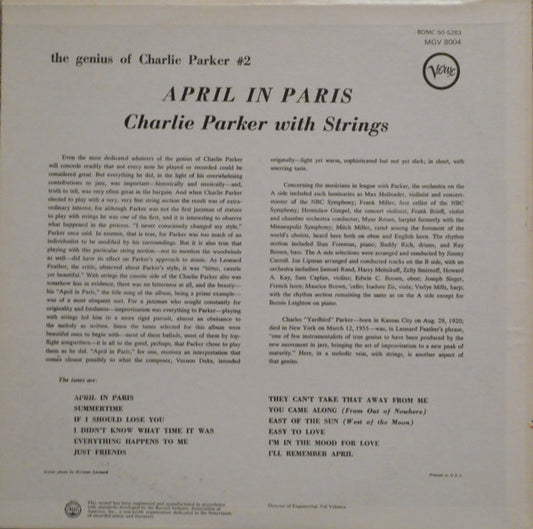 Charlie Parker With Strings : April In Paris (LP, Comp, Mono, RE)
