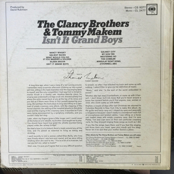 The Clancy Brothers & Tommy Makem : Isn't It Grand Boys (LP, Album)