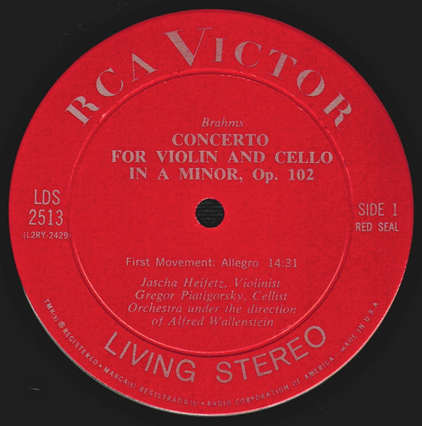 Heifetz* • Piatigorsky*, Brahms*, Orchestra* Under The Direction Of Alfred Wallenstein : Concerto For Violin And Cello (LP, Album)