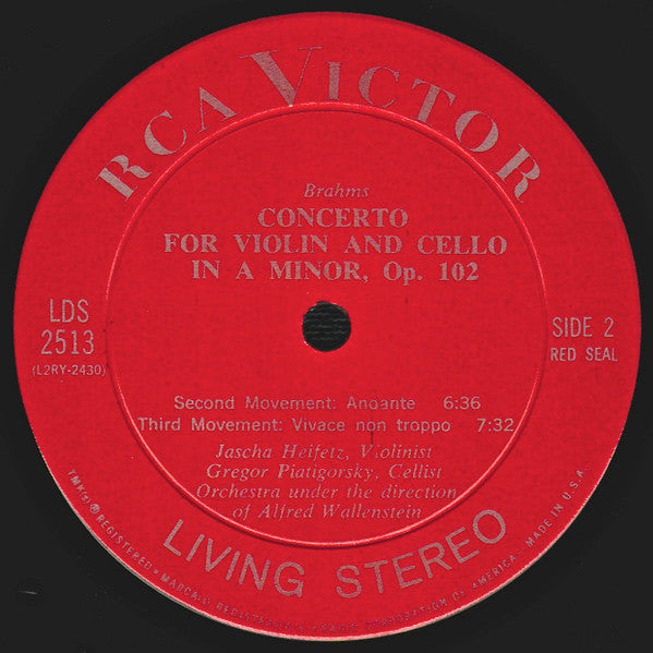 Heifetz* • Piatigorsky*, Brahms*, Orchestra* Under The Direction Of Alfred Wallenstein : Concerto For Violin And Cello (LP, Album)