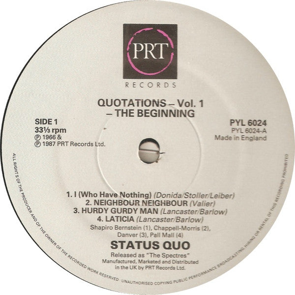 Status Quo : Quotations Vol. 1 - The Beginning (The Early Years: Traffic Jam, The Spectres) (LP, MiniAlbum, Comp)
