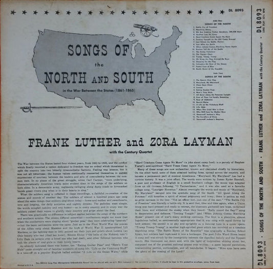 Frank Luther (2) And Zora Layman With The Century Quartet : Songs Of The North And South - In The War Between The States (1861-1865) (LP, Album, RE)