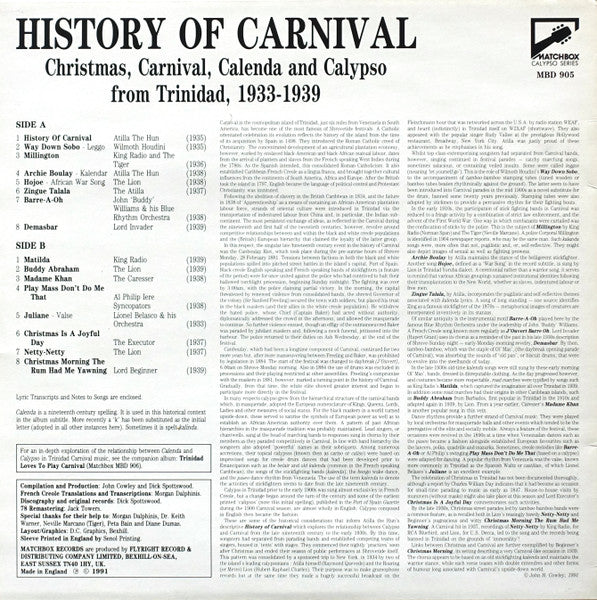 Various : History Of Carnival - Christmas, Carnival, Calenda And Calypso From Trinidad, 1933-1939 (LP, Album, Comp, Mono)
