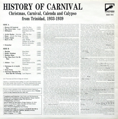 Various : History Of Carnival - Christmas, Carnival, Calenda And Calypso From Trinidad, 1933-1939 (LP, Album, Comp, Mono)