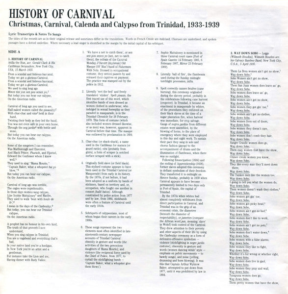 Various : History Of Carnival - Christmas, Carnival, Calenda And Calypso From Trinidad, 1933-1939 (LP, Album, Comp, Mono)