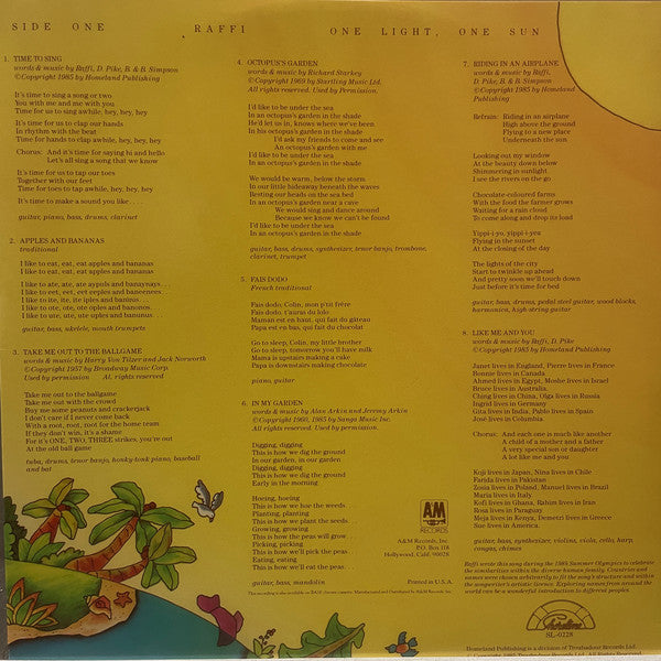 Raffi (2) With Ken Whiteley : One Light One Sun (LP, Ind)