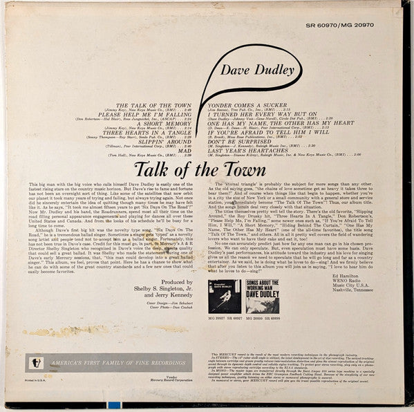 Dave Dudley : Talk Of The Town (LP, Album, Mono)