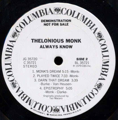 Thelonious Monk : Always Know (2xLP, Comp, Promo, Ter)