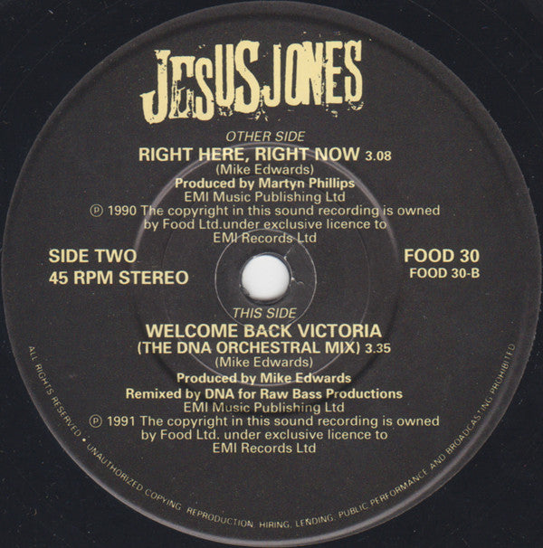 Jesus Jones : Right Here, Right Now (7", Single)