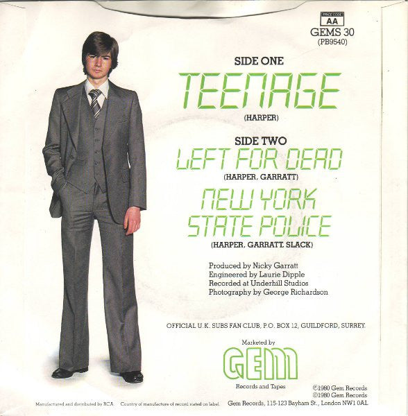 U.K. Subs* : Teenage (7", Single, Pin)