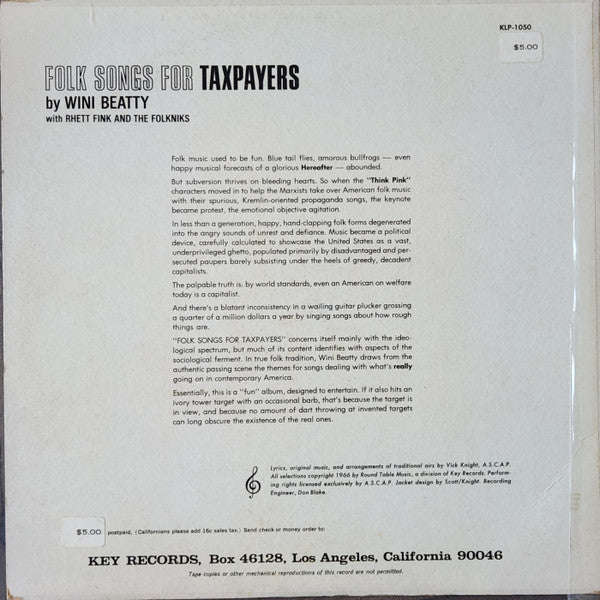 Wini Beatty With Rhett Fink And The Folkniks : Folk Songs For Taxpayers (LP, Album, Mono)