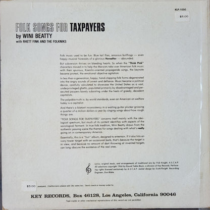 Wini Beatty With Rhett Fink And The Folkniks : Folk Songs For Taxpayers (LP, Album, Mono)