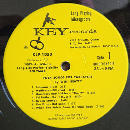 Wini Beatty With Rhett Fink And The Folkniks : Folk Songs For Taxpayers (LP, Album, Mono)
