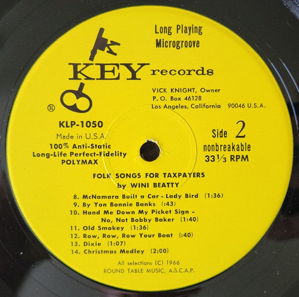 Wini Beatty With Rhett Fink And The Folkniks : Folk Songs For Taxpayers (LP, Album, Mono)