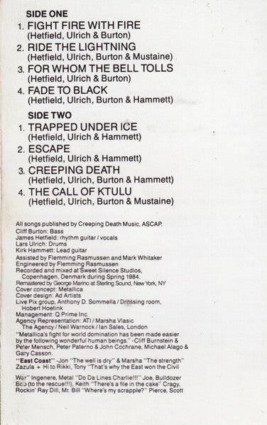 Metallica : Ride The Lightning (Cass, Album, RE, SR,)