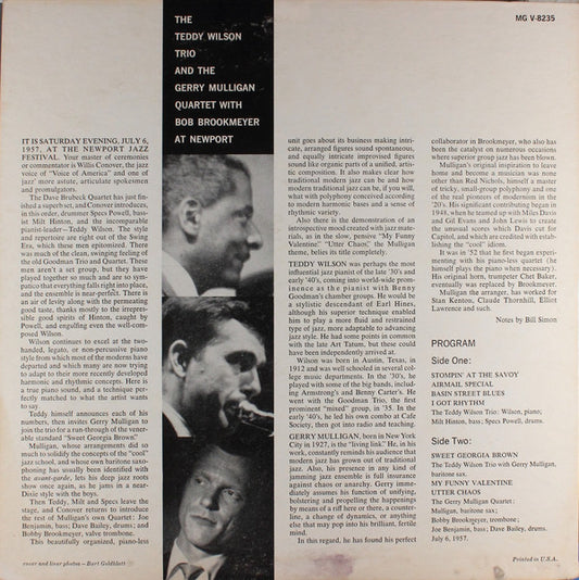 The Teddy Wilson Trio* & Gerry Mulligan Quartet With Bob Brookmeyer : At Newport (LP, Album, Mono)