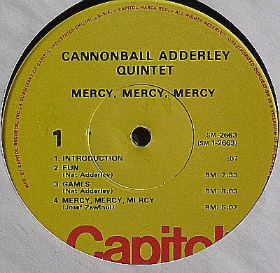 The Cannonball Adderley Quintet : Mercy, Mercy, Mercy! Live At "The Club" (LP, Album, RE)