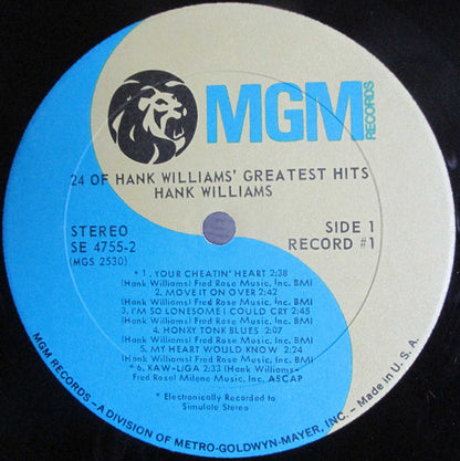 Hank Williams : 24 Of Hank Williams' Greatest Hits (2xLP, Comp, Ric)