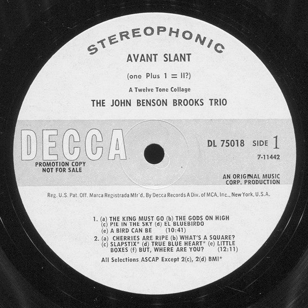 The John Benson Brooks Trio* : Avant Slant (One Plus 1 = II) (LP, Promo)