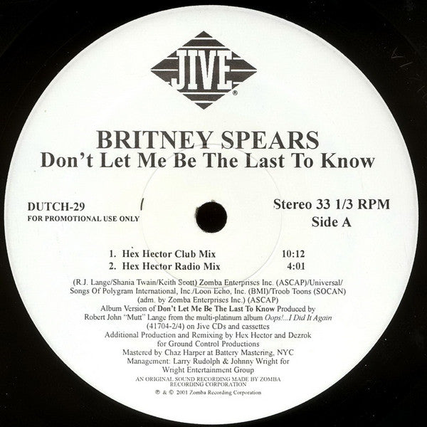 Britney Spears : Don't Let Me Be The Last To Know (12", Single, Promo)