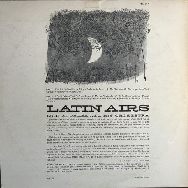 Luis Arcaraz And His Orchestra* : Latin Airs (LP, Mono)