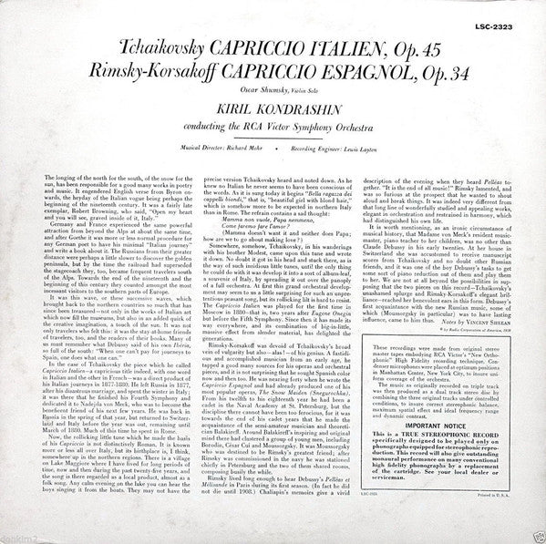 Tchaikovsky* / Rimsky-Korsakoff*, Kiril Kondrashin, RCA Victor Symphony Orchestra : Capriccio Italien / Capriccio Espagnol (LP, Ind)