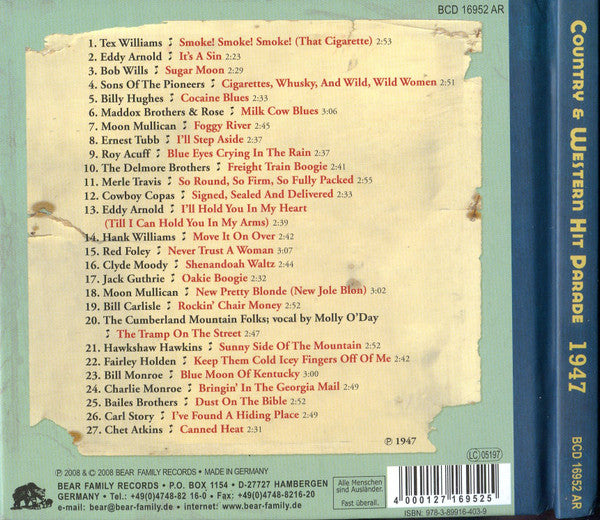 Various : Dim Lights, Thick Smoke & Hillbilly Music: Country & Western Hit Parade - 1947 (CD, Comp)
