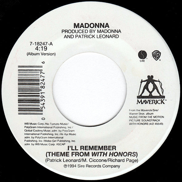 Madonna : I'll Remember (Theme From With Honors) (7", Single)
