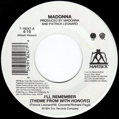 Madonna : I'll Remember (Theme From With Honors) (7", Single)