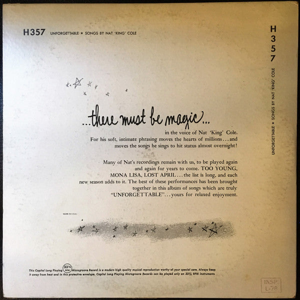 Nat "King" Cole* : Unforgettable (10", Mono, Scr)